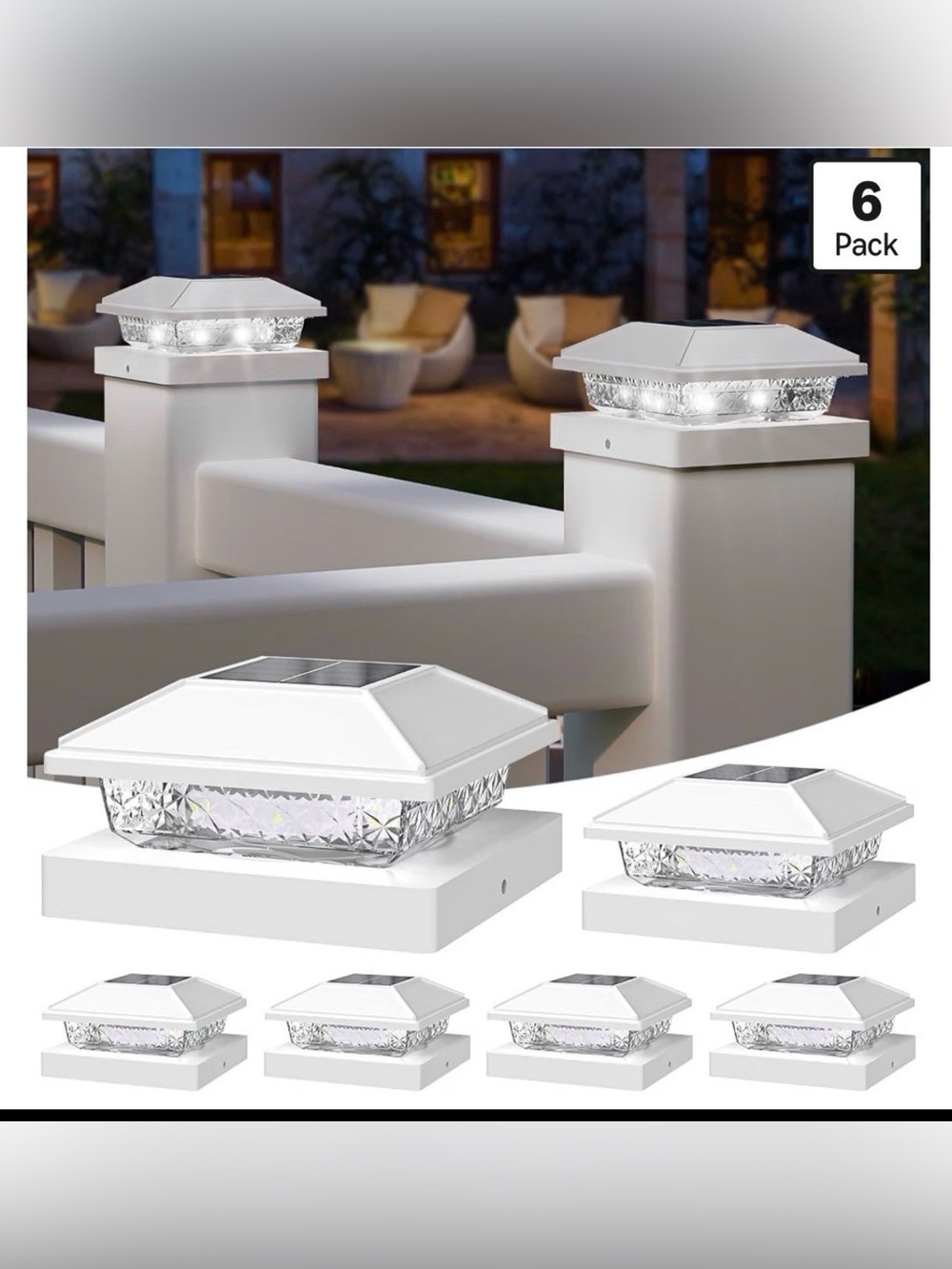 6 Pack Solar Powered Fence Post Cap Lights White